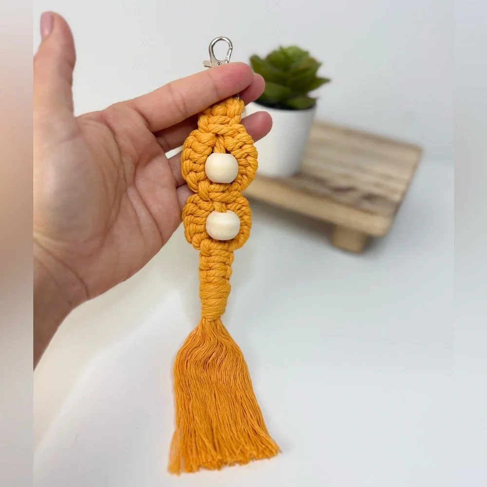 Macrame Floral with Wooden Bead Boho Keychain